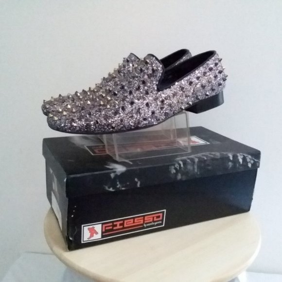 $170  Mens Loafer DRESS Shoes Spikes Glitter Black Gold Slip On Size 10 Fiesso main image 11